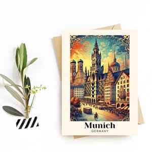 デジタルプリント ミュンヘン、ドイツ 旅行ポストカード - グリーティングカード - 象徴的なランドマークのイラスト - 旅行者へのお土産やギフトに最適