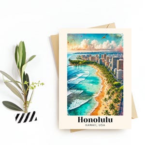 Honolulu, Hawaii, USA Reisekarte, HD Wandkunst - Waikiki Beach Kunstdruck, digitaler Download - Das perfekte Reiseandenken oder Geschenk für Reisende