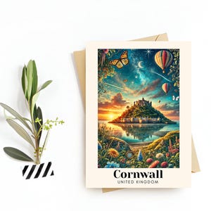May include: A postcard featuring a colorful illustration of St Michael's Mount in Cornwall, England. The postcard depicts the island with a castle on top, surrounded by water and a sunset sky with hot air balloons and butterflies.
