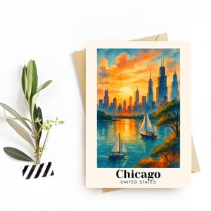 Chicago Travel Postcard – USA Greeting Card – Skyline & Street Art Illustration, Digital Download – Perfect Souvenir or Gift for Travelers
