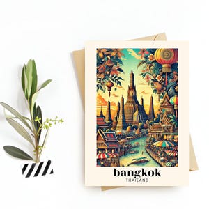 Bangkok, Thailand Reise Postkarte - Grußkarte - Kultige Wahrzeichen Illustration, Digitaler Download - Perfektes Souvenir oder Geschenk für Reisende