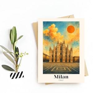 Carte postale de voyage à Milan, Italie - carte de voeux - mode, illustration de monuments historiques, téléchargement numérique - souvenir ou cadeau pour les voyageurs