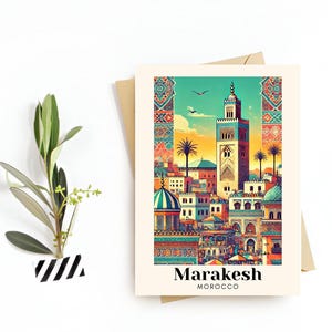 Impresión digital Postal de Marrakech Póster de Marruecos La Mezquita Kasbah, Marrakech Arte mural Diseño interior Recuerdo de viaje de Marrakech Impresión digital