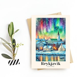 Reykjavik, Iceland Travel Card, HD Wall Art – Northern Lights Print, Digital Download – The Perfect Travel Souvenir or Gift for Travelers