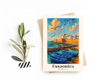 Carte postale de voyage Essaouira au Maroc, art de la médina côtière (téléchargement numérique)