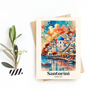 Tarjeta de viaje a Santorini, Grecia, arte mural en HD, impresión icónica de cúpulas azules, descarga digital: el regalo o recuerdo de viaje perfecto para viajeros