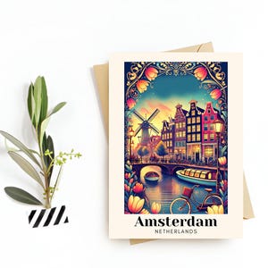 Impression numérique Carte postale de voyage à Amsterdam, Pays-Bas - Carte de voeux - Illustration de monuments emblématiques - Souvenir ou cadeau pour les voyageurs