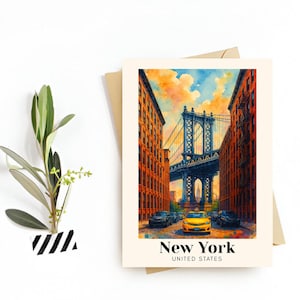 New York City Travel Postcard – Greeting Card – Iconic Landmarks Illustration, Digital Download – Perfect Souvenir or Gift for Travelers