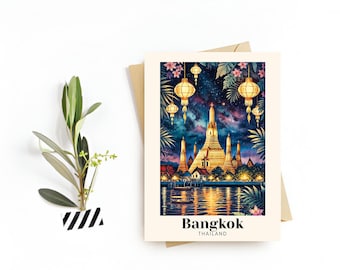 Bangkok Travel Postcard, Thailand Landmarks Illustration (Digital Download)