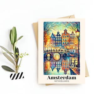 Amsterdam, Pays-Bas Carte postale de voyage - Carte de voeux - Illustration de monuments emblématiques, téléchargement numérique - Souvenir ou cadeau pour les voyageurs
