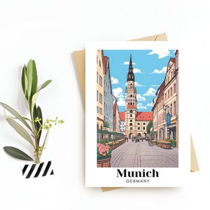 Postal de viaje de Múnich, Alemania - Tarjeta de felicitación - Ilustración de lugares emblemáticos, descarga digital - Recuerdo o regalo perfecto para viajeros