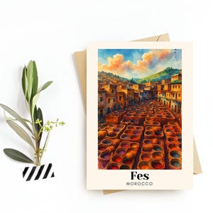 Reisbriefkaart Fes, Marokko – wenskaart – medina en historische gebouwen illustratie, digitale download – souvenir of cadeau voor reizigers
