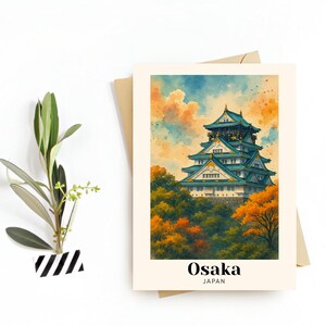 Osaka, Japonia, pocztówka podróżnicza – kartka okolicznościowa – życie uliczne, zamki i tętniący życiem krajobraz miejski, pobieranie cyfrowe – pamiątka lub prezent dla podróżników