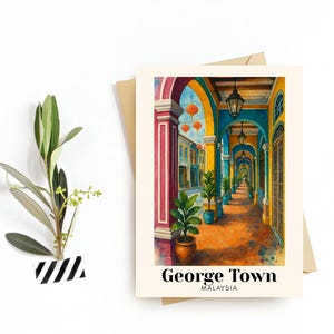 Postal de viaje de George Town, Malasia: arte callejero y edificios patrimoniales, descarga digital, recuerdo o regalo perfecto para viajeros.