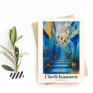 Chefchaouen, Maroko, pocztówka podróżnicza – kartka z pozdrowieniami – ilustracja Blue City Streets, pobieranie cyfrowe – idealna pamiątka lub prezent dla podróżników