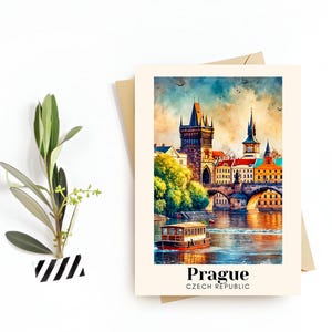 Praga, Czechy Pocztówka podróżnicza – Karta okolicznościowa – Ilustracja Mostu Karola, Pobieranie cyfrowe – Idealna pamiątka lub prezent dla podróżników