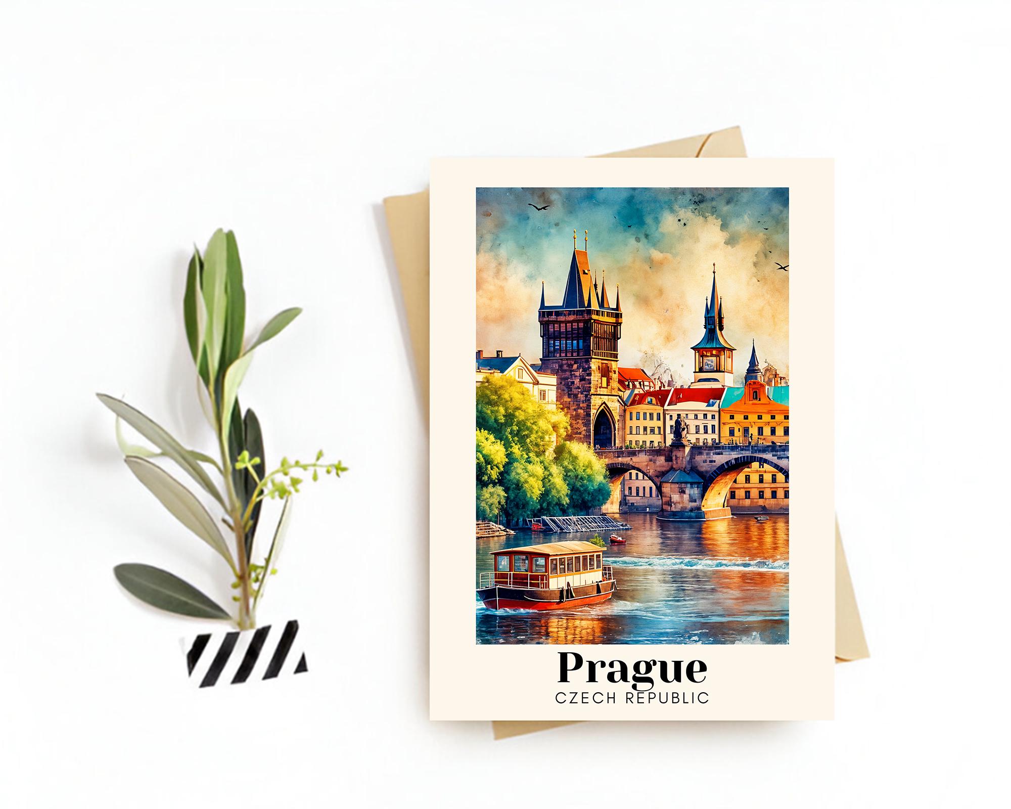 Wee Blue Coo Grußkarte ‚Prag Skyline‘ – 15x15 Cm, Premium-Karton, Mit Personalisierbarer Innenseite