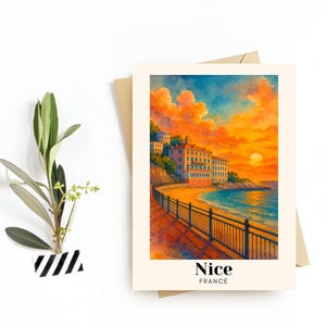 Cartão postal de viagem de Nice, França – Cartão de felicitações – Ilustração da Promenade des Anglais e da Cidade Velha, download digital – Lembrança ou presente para viajantes