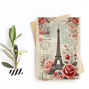 Carte postale vintage de voyage de Paris, France - Illustration de monuments, téléchargement numérique - Souvenir ou cadeau parfait pour les voyageurs