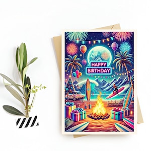 Cartão de aniversário de surfe – Cartão de feliz aniversário de surfe – Presente com tema esportivo, cartão postal e cartão-presente