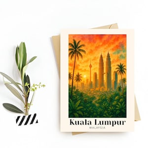 Kuala Lumpur, Malezja Karta Podróży, HD Wall Art – Wydruk Petronas Towers, Pobieranie Cyfrowe – Idealna Pamiątka Podróży lub Prezent dla Podróżujących