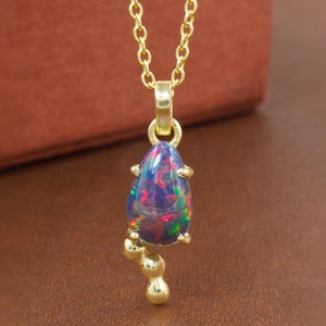 Ethiopian Black Fire Opal Necklace, Multifire Opal Gemstone Jewelry, AAA Ethiopian Natural Opal Gold Necklace, October Birthstone Jewelry
