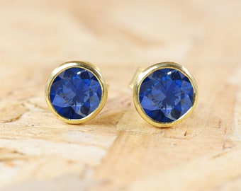 Round Gold Blue Sapphire stud earrings for women, Handmade earrings, handmade jewelry, 925 Sterling silver earrings, Gemstone earrings