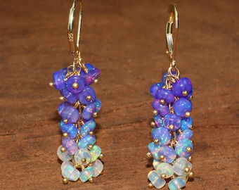 Lavender Opal Gemstone Cluster Earring, Opal Dangle Earrings for Women, Natural Opal Beaded Earring, Fire Opal Jewelry, October Birthstone