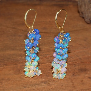 May include: A pair of gold dangle earrings with a gradient of blue and white opal stones. The earrings are made with small, round opal stones that are strung together in a cascading design.