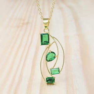 4 Stone Emerald Pendant Necklace for Women, Two Shape Emerald Gold Chain Necklace, Minimalist Gemstone Pendant Necklace, May Birthstone