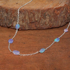 Multifire Lavender Opal Tumble Beads Chain Necklace, Genuine Ethiopian Opal Chain Necklace, Opal Delicate Jewelry for Women, Birthstone Gift