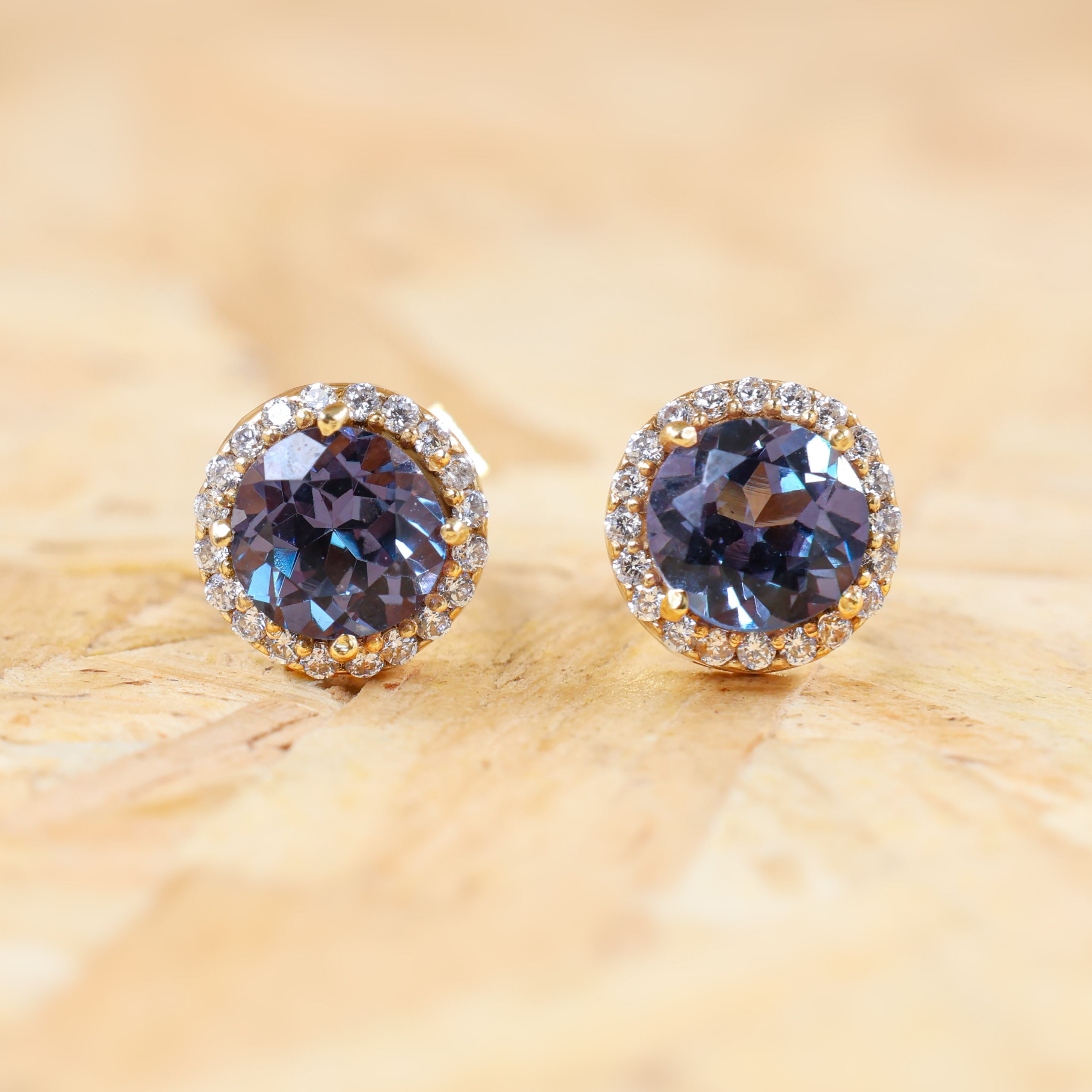 Round Alexandrite ring for women, Stud earrings, earrings for her, Gold earrings, 925 Sterling silver, Handmade earrings, Handmade jewelry