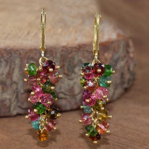 Puede incluir: Un par de pendientes dorados con cierre de palanca. Cada pendiente presenta un racimo de gemas facetadas de colores en tonos rosa, verde, rojo y amarillo. Las gemas están agrupadas, creando un efecto colgante.