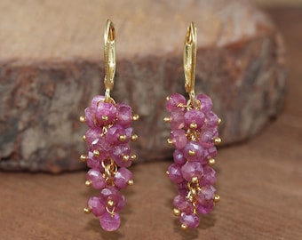 Natural Pink Ruby Beads Cluster Earring, Genuine Ruby Bead Gold Earring, July Birthstone Jewelry, Ruby Delicate Earrings, Gift for Her