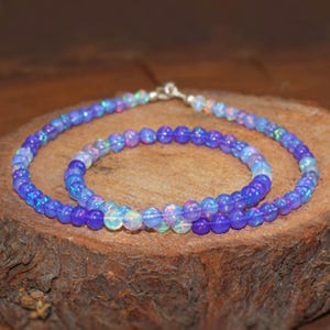 Lavender Fire Shaded Opal Gemstone Beads Necklace, Ethiopian Fire Opal Beaded Necklace, Handmade Necklace for Women, Birthstone Gift for Her