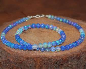 Natural Blue Shaded Opal Gemstone Beads Necklace, Ethiopian Blue Opal Beaded Necklace, Handmade Necklace for Women, Birthstone Gift for Her