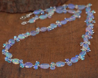 Genuine Blue Opal Gemstone Tumble Beads Necklace, Ethiopian Blue Opal Beads Necklace, Delicate Necklace, October Birthstone, Gift for Her