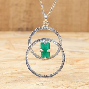 Double round silver pendant Hexagon Emerald Pencil pendant necklace for women, Genuine Emerald jewelry, 925 Sterling silver necklace for her