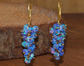 AAA Blue Fire Opal Gemstone Beads Cluster Earring, Ethiopian Opal Beaded Gold Earring, Handmade Earring, October Birthstone, Gift for Her
