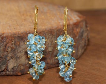 Pendientes de aguamarina auténtica, pendientes de oro con aguamarina natural, joyería con piedra de nacimiento, pendientes hechos a mano, regalo para ella