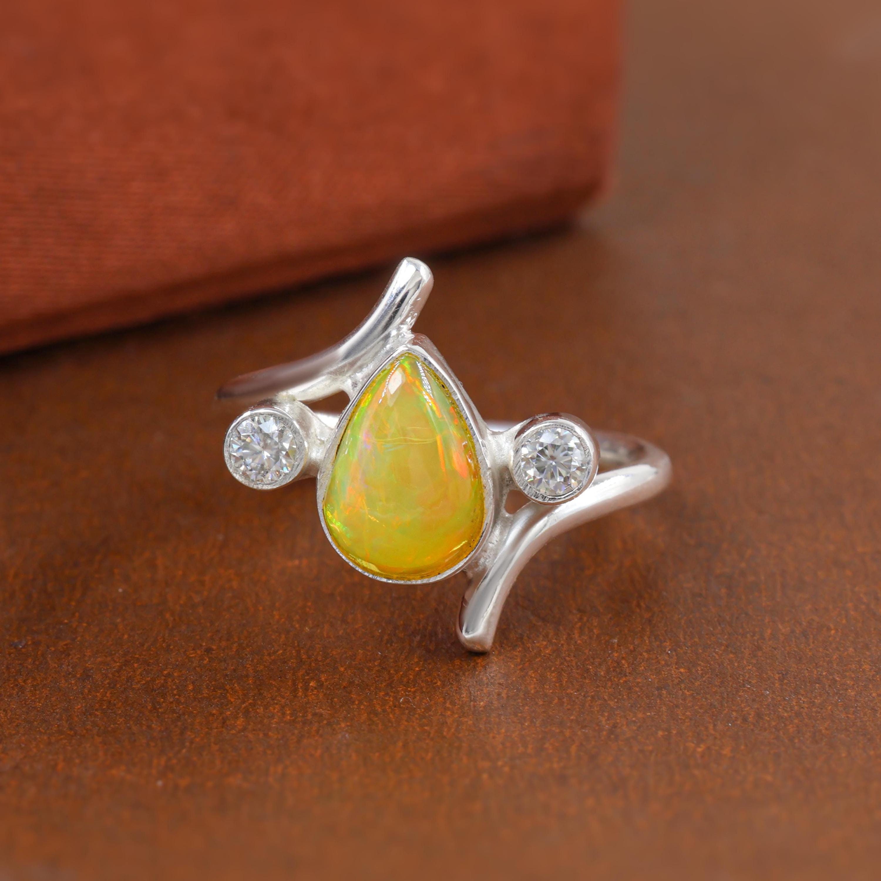 Anillo de piedra preciosa de ópalo de tono amarillo natural, anillo de plata esterlina con ópalo multifuego, anillo de piedra preciosa de ópalo etíope, anillo minimalista