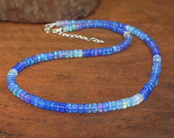 Natural Blue Opal Gemstone Dainty Beaded Necklace, Ethiopian Opal Handmade Necklace, Birthstone Necklace, Minimalist Necklace, Gift for Her