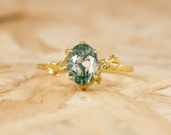 Anillo Moss Agate para mujer, Anillo natural Moss Agate, Anillo minimalista, Anillo de piedra preciosa, Anillo de aniversario, Anillo de declaración, Anillo AAA Moss Agat
