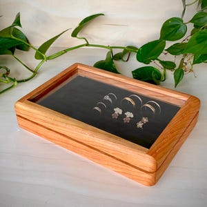 May include: A wooden jewelry box with a clear lid, showcasing various rings. The box is rectangular with a light brown finish. The rings include simple bands and those with floral and decorative designs. Green foliage is in the background.