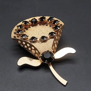 Vintage Gold Tone Black Rhinestone Flower Brooch Tulip Costume Jewelry