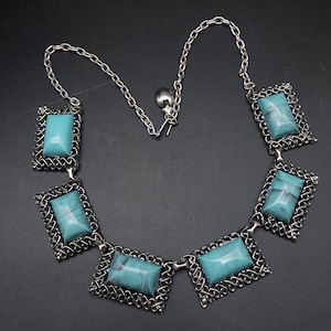 Vintage Thermoset Necklace Blue Silver Tone Southwest Boho Costume Jewelry