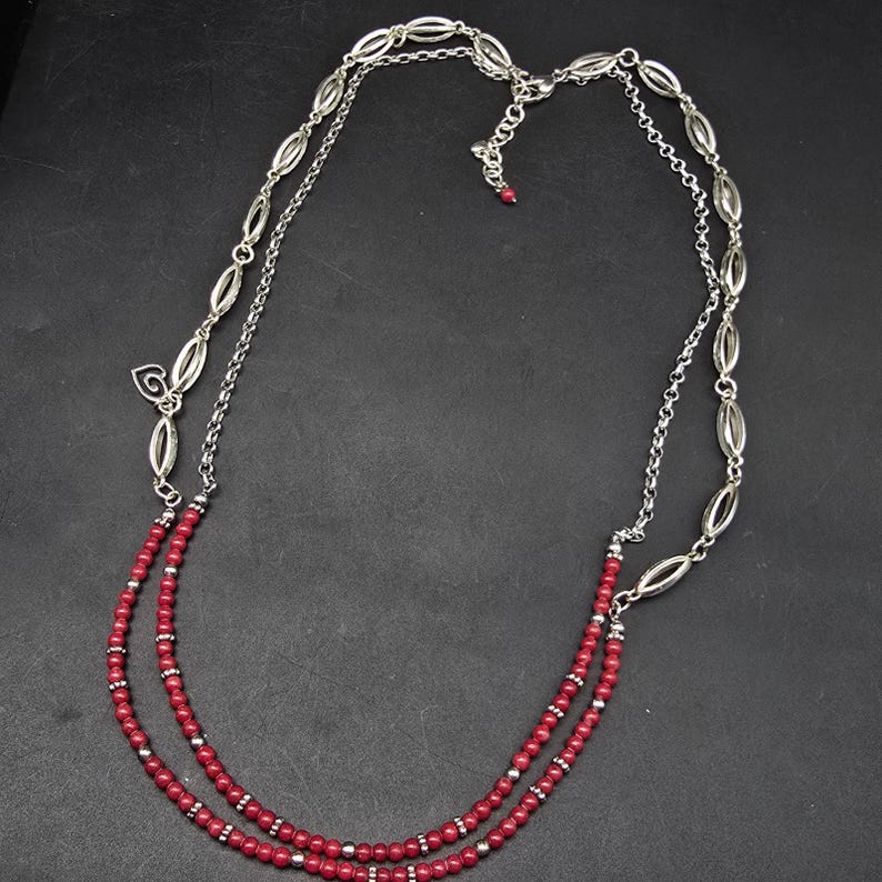 Brighton Red Beaded Necklace Silver Tone Double Strand image 5