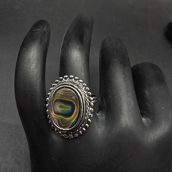 Oval Abalone Shell Slice Ring Silver Tone Size 6.… - image 1