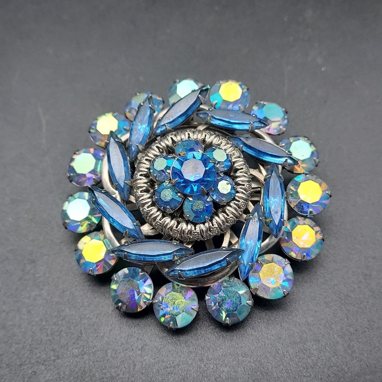 【1960’s】 SRO Alum rhinestone decorated Blue Rhinestone Brooch Aurora Borealis Vintage 1960s Glam