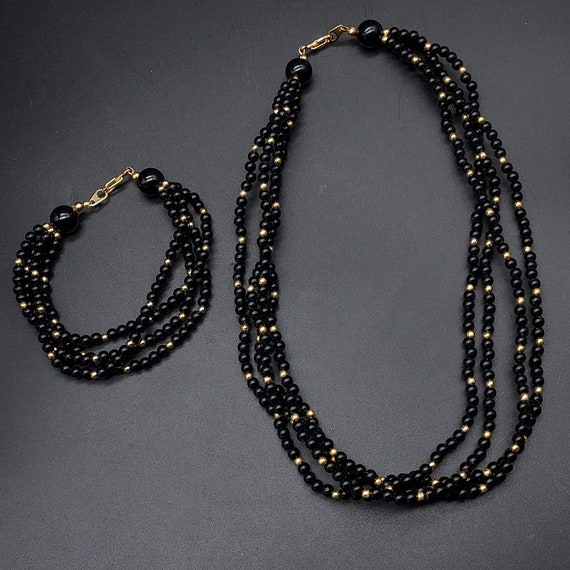 Marvella Black Beaded Necklace Bracelet Set Vinta… - image 2